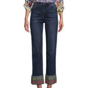 John Mark Embroidered Hem Straight Leg Cuffed Jeans